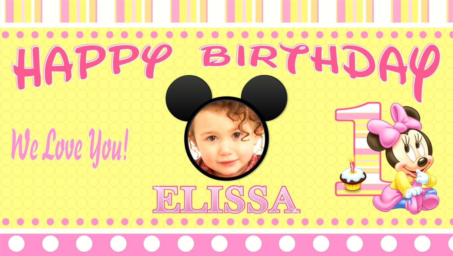 Baby Minnie Mouse 1 Year Old First Birthday V.3 with Child's Photo Personalized Custom Birthday Banner Party Decoration