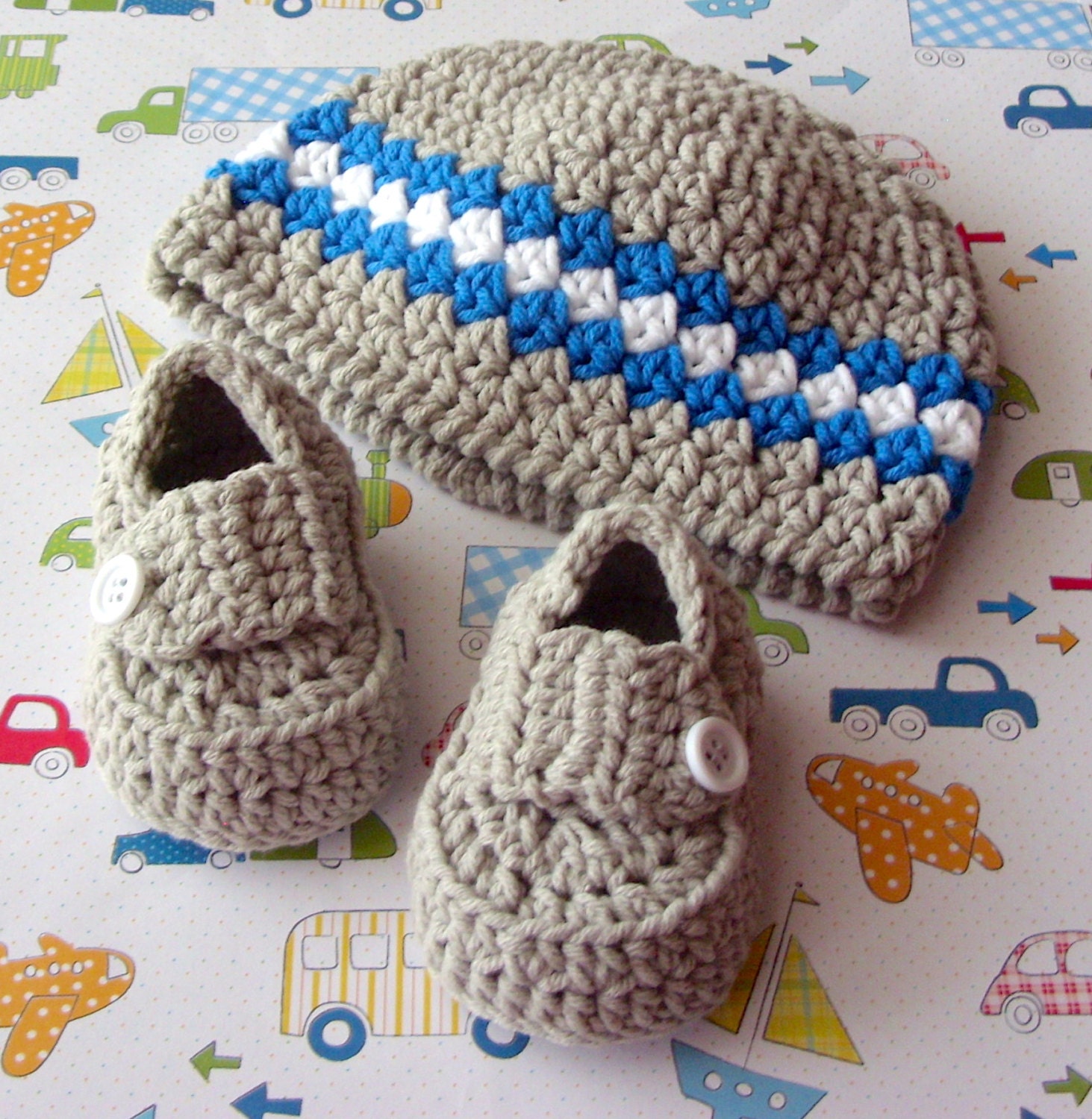 Crocheted Booties and Hat - Grey Loafers - Striped Beanie - Modern Baby Boy Shower Set - Infant 0 to 3 Months - Size 1 Shoes - Gift Boxed