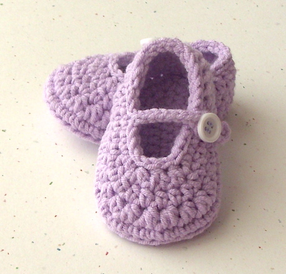 Crocheted Baby Booties - Modern Crochet Mary Jane Shoes - Handmade Lavender Infant Shoe 6 - 9 Months - Infant Size 3 - Gift Boxed.