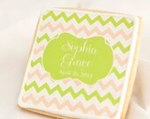 Pink & Green Chevron Stripe Baby Shower Cookie Favors // 1 doz. //  Baby Shower Girl Announcement // Baptism First Communion