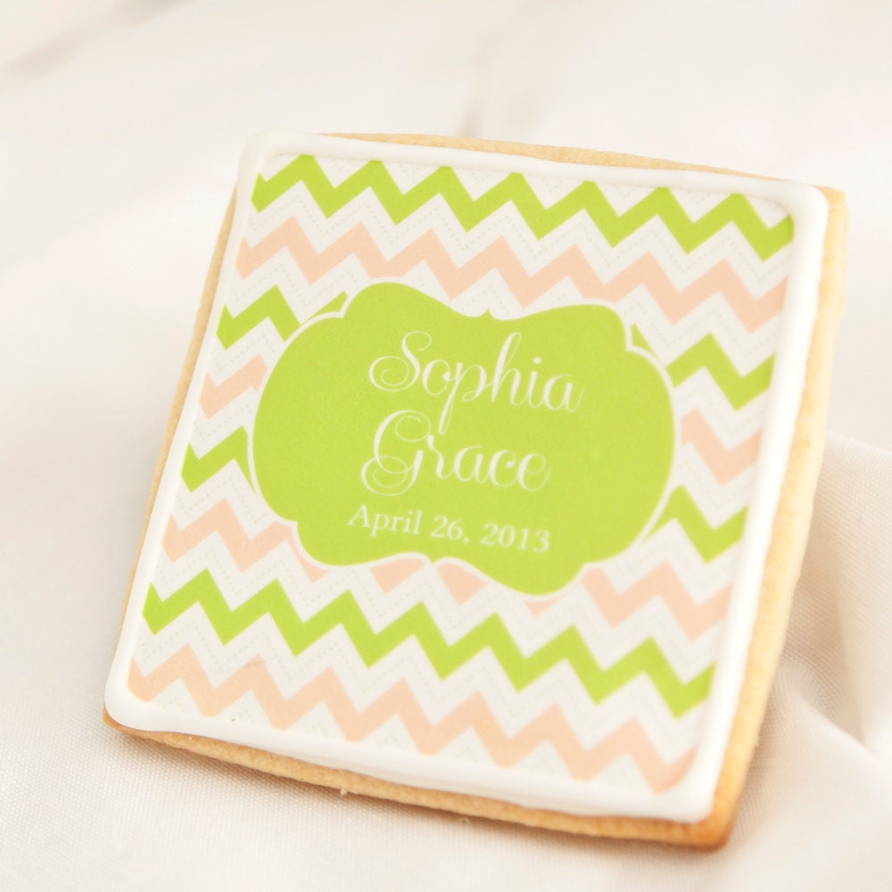 Pink & Green Chevron Stripe Baby Shower Cookie Favors // 1 doz. // Baby Shower Girl Announcement // Baptism First Communion