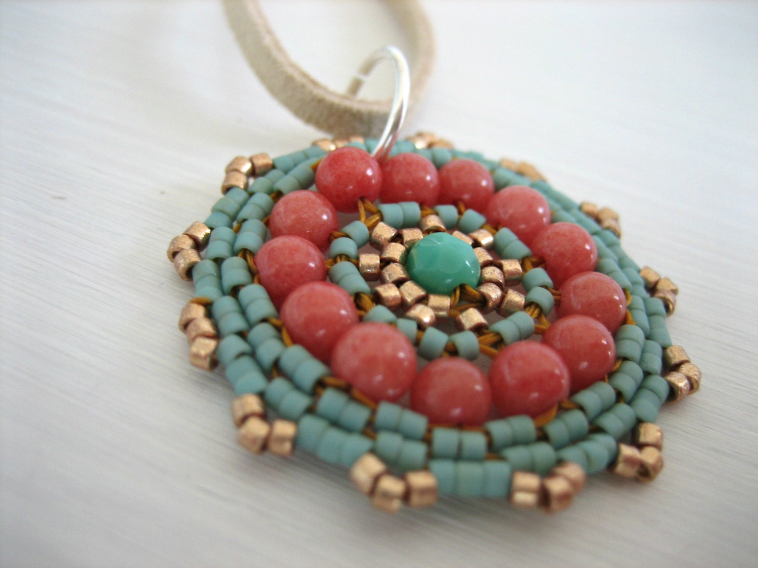 Bloom Necklace, Pendant, Beadwork, Turquoise Green, Coral & Champagne, Bloom, Bohemian Pendant, Handmade in France