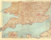 Map of Southern England and Wales 1922 Lithograph Antique Print