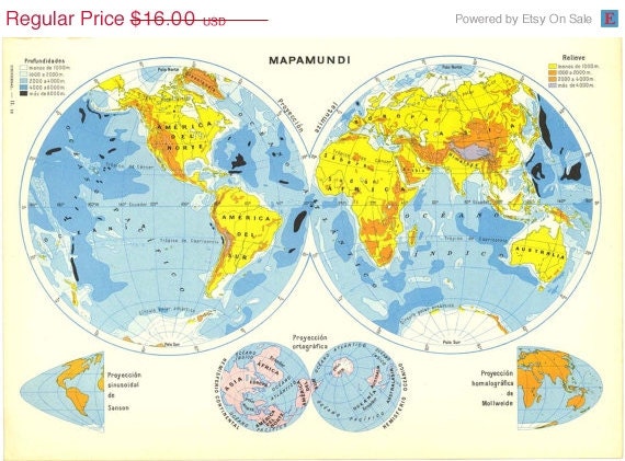 World Map in Hemispheres 1950s Globe Vintage Art Print