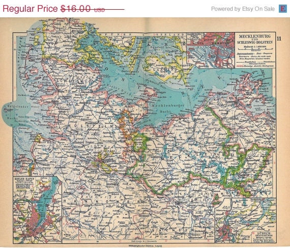 1928 Vintage Map Mecklenburg and Schleswig-Holstein Germany