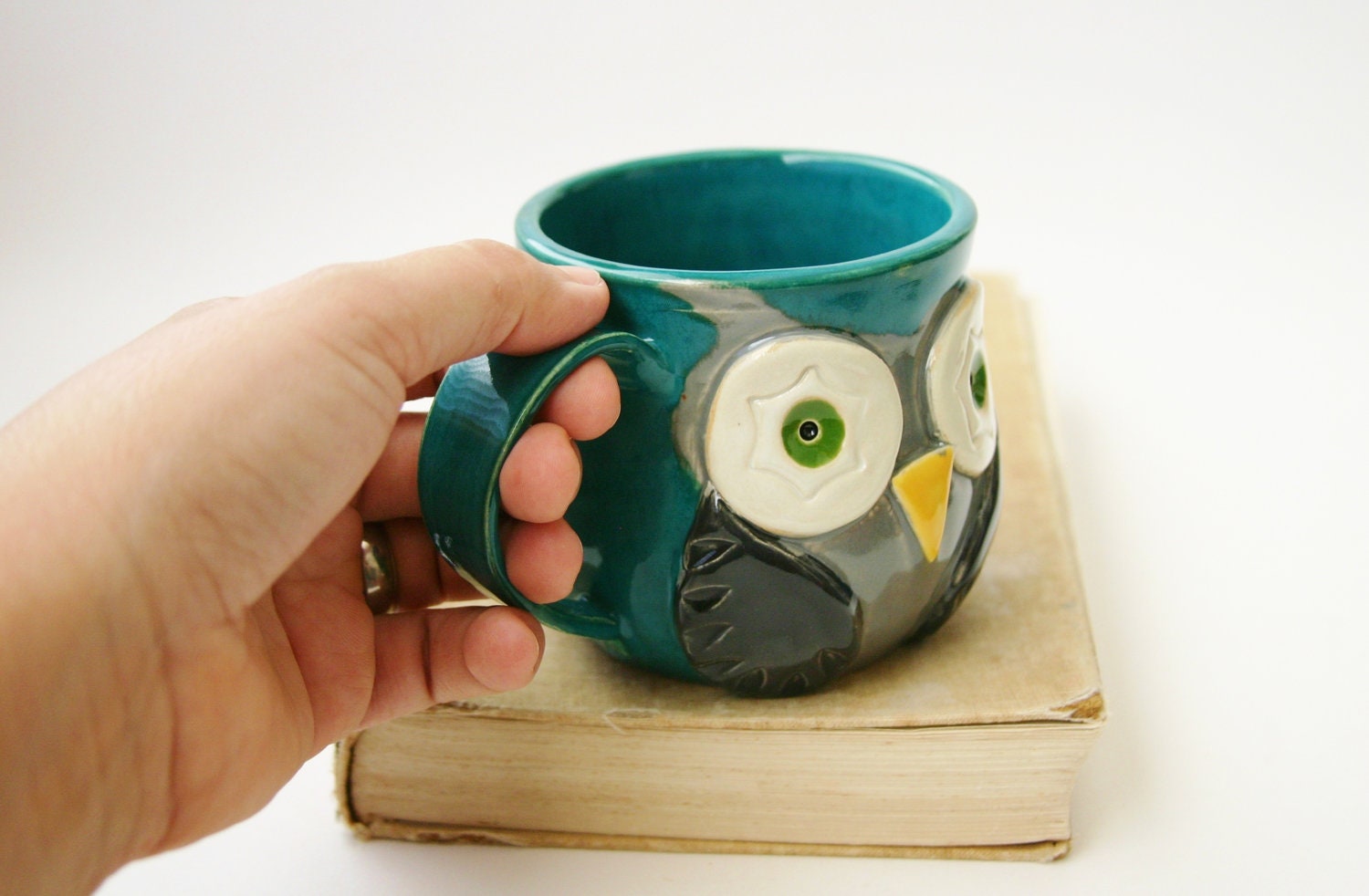 Mr. Owl Ceramic Mug - Choose Your Color - Retro Green Nautical Blue Rustic Red Vintage Plum - Original OOAK Design