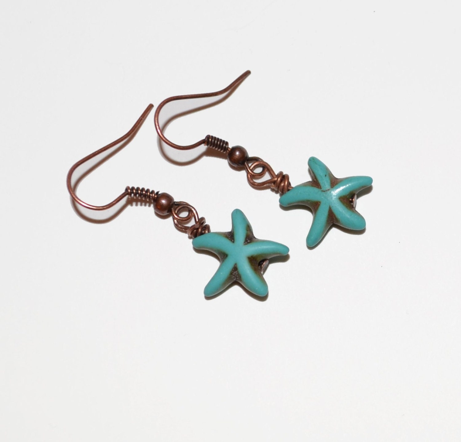 Turquoise Blue Starfish Earrings Copper wire ooak so cute