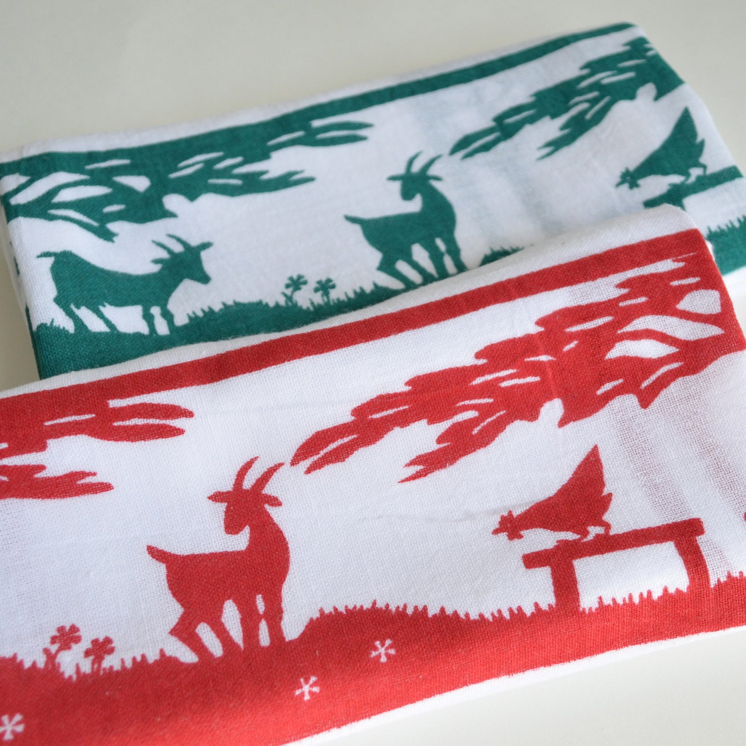 Flour Sack Dish Towel - Goats: Winter Green or Red