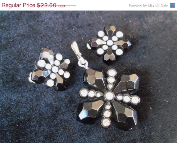 Vintage Necklace Pendant & Matching Earring Set Demi Parure 1960's Black Lucite Rhinestones Mad Men Mod Mid Century