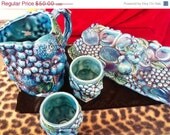 Beautiful Vintage Deep Cobalt Blue Green Fruit Salad Pitchers & Tray,Two Glasses Made in Japan Set of 5 Mid Century Modern Decor