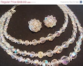 Vintage AB Aurora Borealis 3 Strand Glass Beaded Necklace & Earring Set 1950's Collectible Demi Parure Wedding Bridal Jewelry