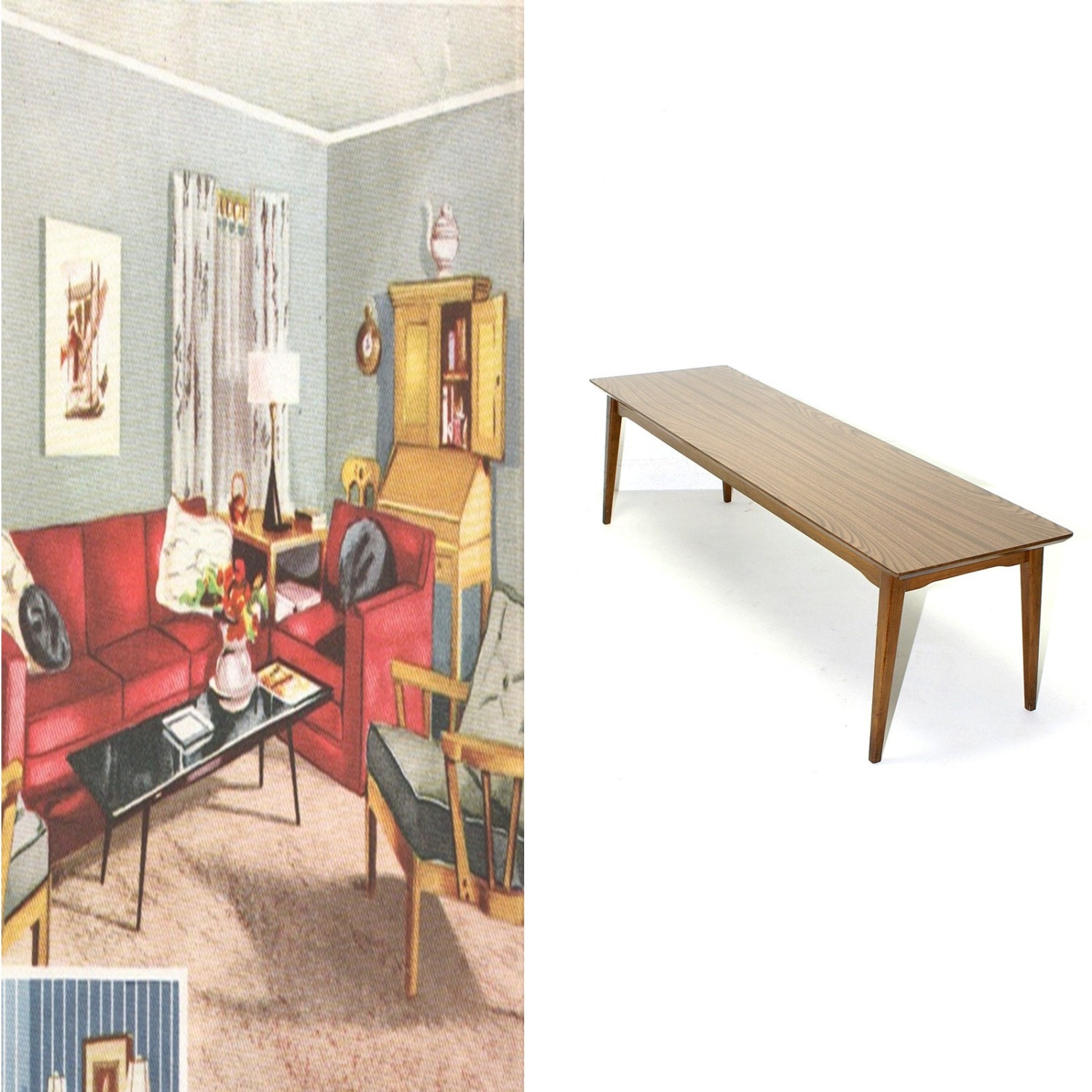 Vintage Mid Century Modern Laminate long Surfboard table Coffee Table Eames Era
