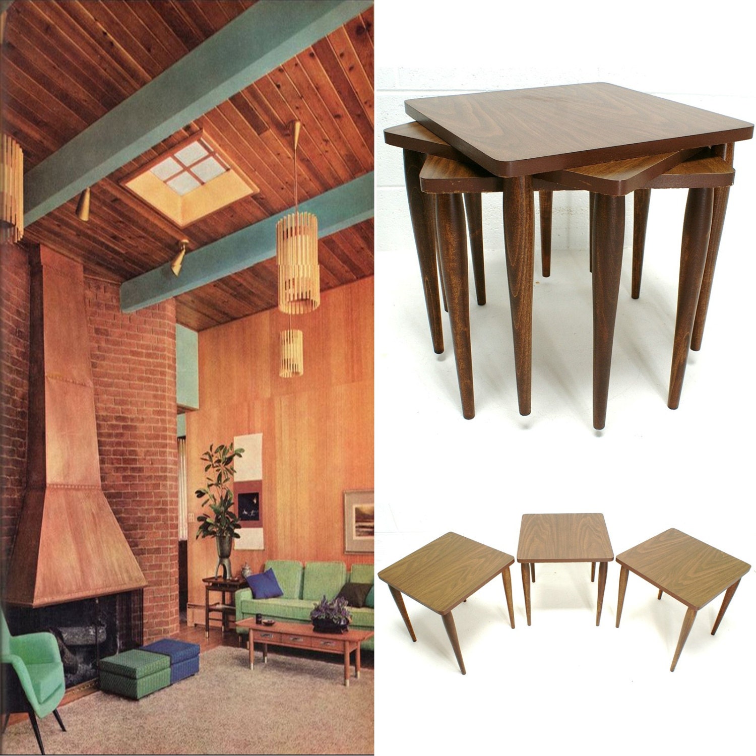 Vintage Mid Century Modern Walnut laminate Three Nesting Tables