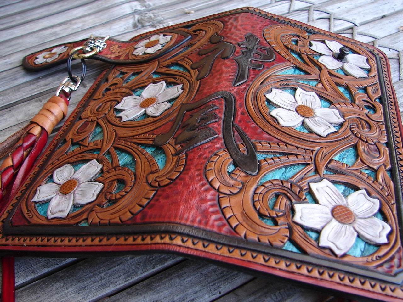 Japanese style biker wallet hand-tooled leather w/filigreed turquoise'ish green bass, hannya ring for braid