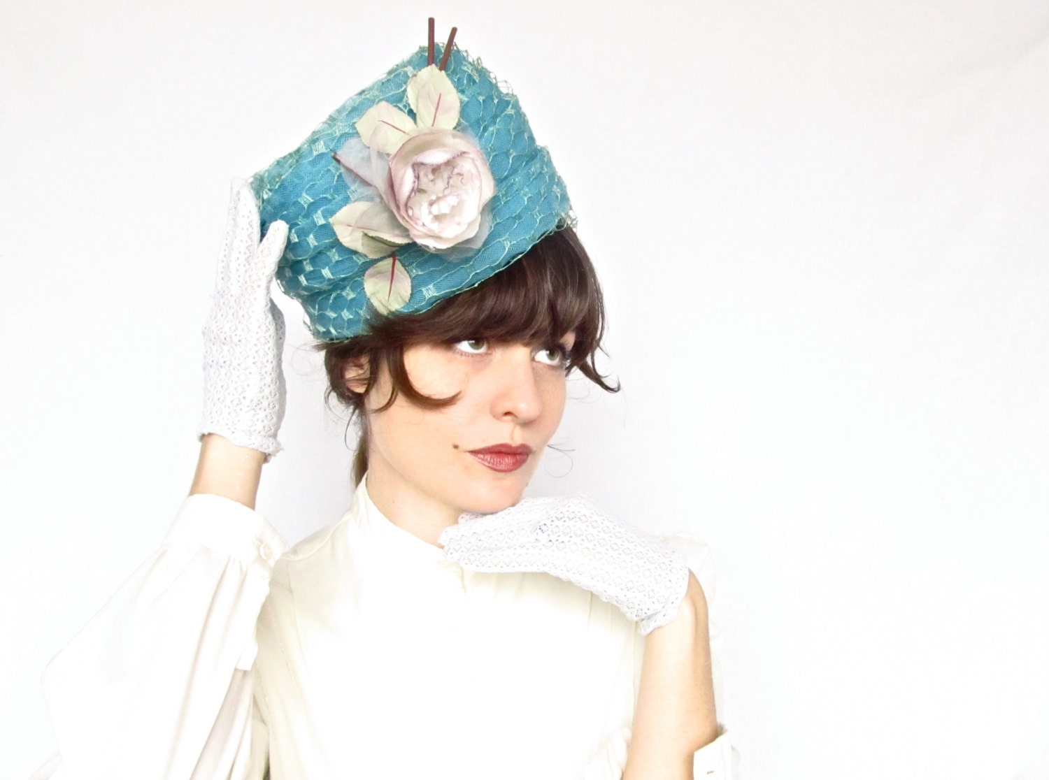Vintage 1960s Tiffany Blue Pillbox Hat with Netting and Lavender Flower