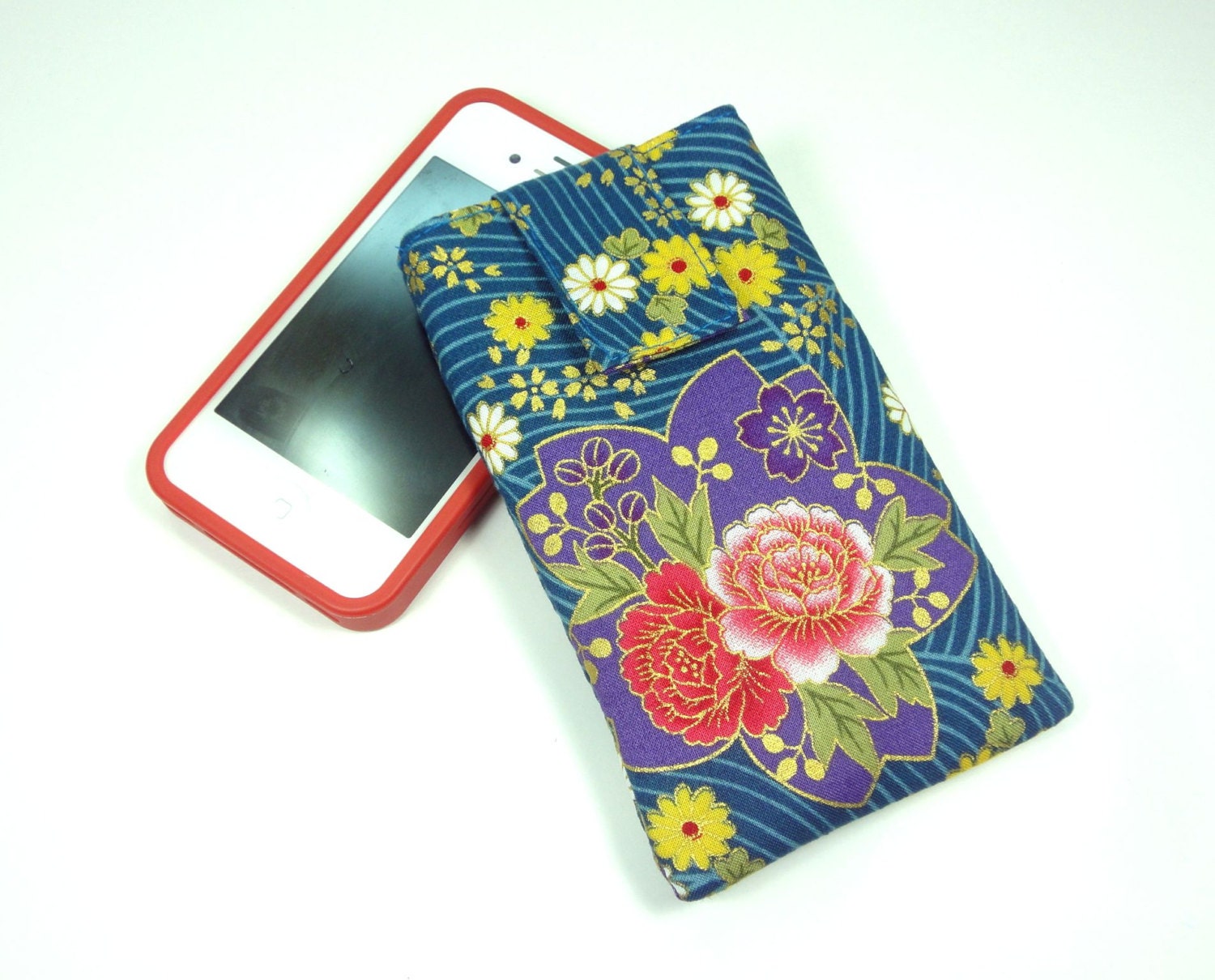 iPhone 5 sleeve Stylish iPhone Case Gift Idea For Mom iPod Case Japanese Kimono Cotton Fabric Flowers dark teal blue