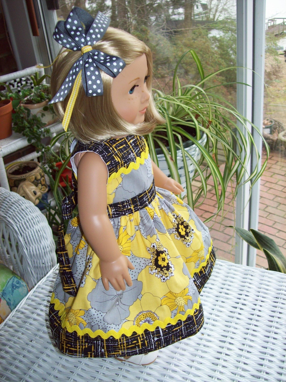 American Girl doll  18 inch doll dress and hair clip  Vibrant gold, black and gray print