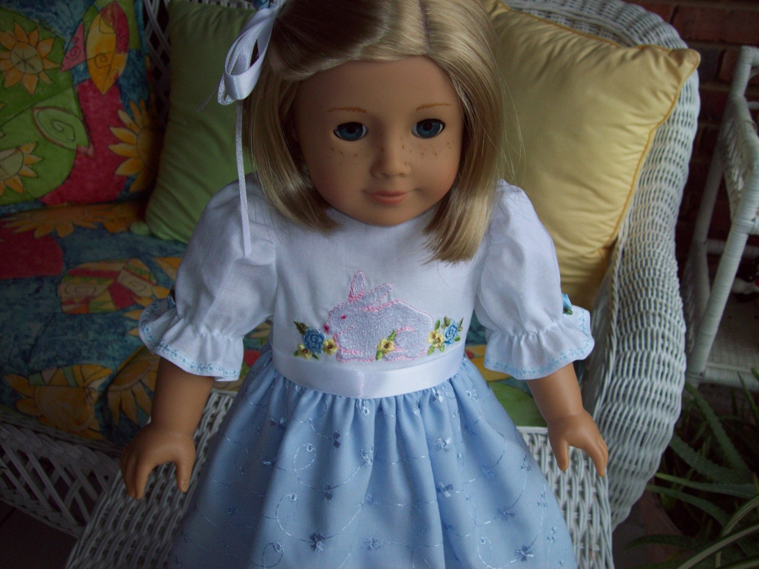 American Girl doll or 18 inch doll dress and hair clip  Baby blue eyelet long dress with embroidered rabbit