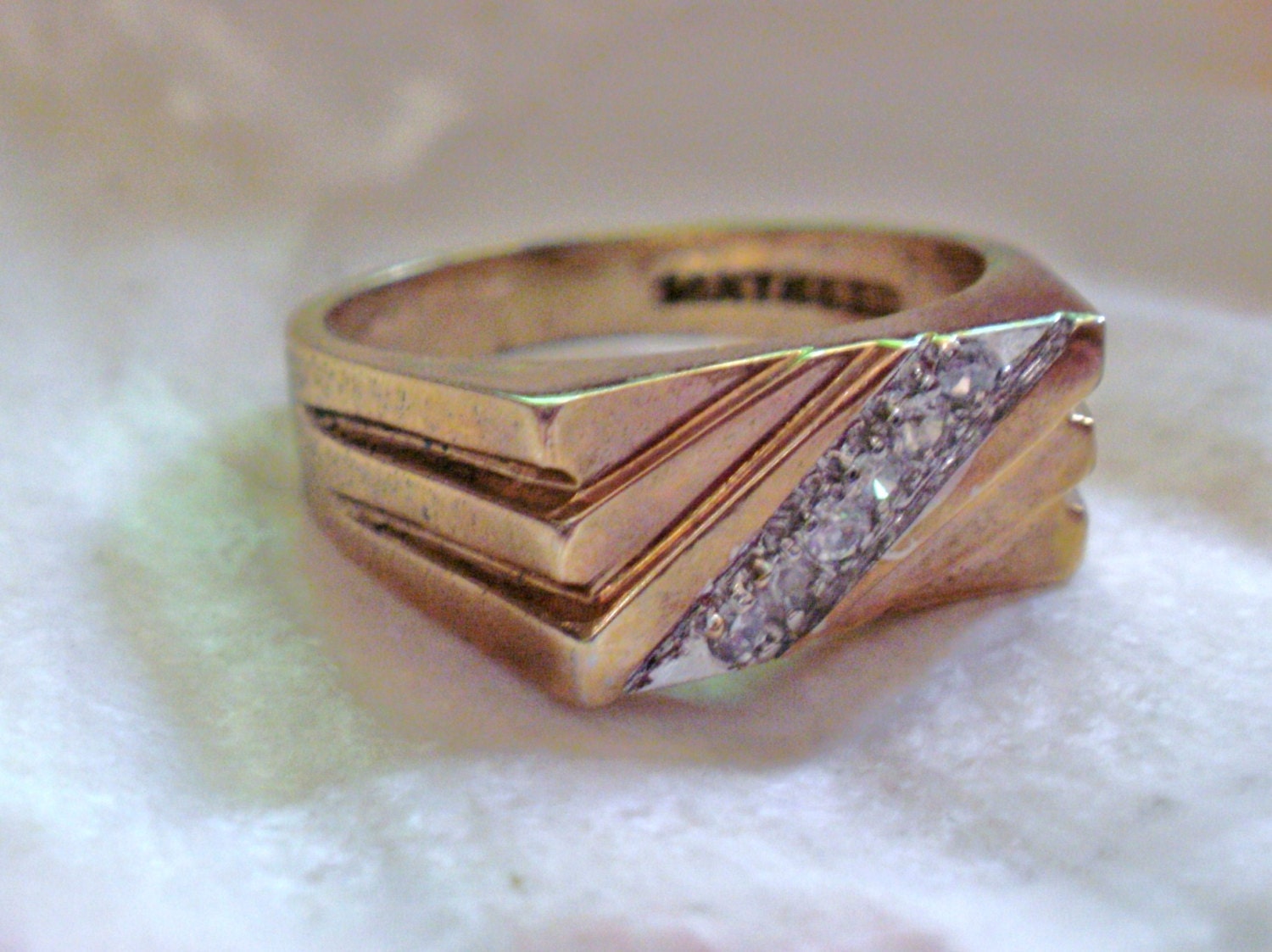 Art Deco, 14 KT HGE, Wedding Band Ring with Rhinestones - Size 11