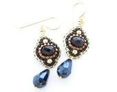 Black Beaded Dangle Earrings, Pyrite Drops Earrings, Black Flower Earrings, Black and Gold Earrings, OOAK Handmade by JeannieRichard