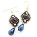 Black Beaded Dangle Earrings, Pyrite Drops Earrings, Black Flower Earrings, Black and Gold Earrings, OOAK Handmade by JeannieRichard