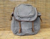Vintage 1970's Very Distressed and Damaged Army Green Large Washed Out  Canvas and Leather Backpack