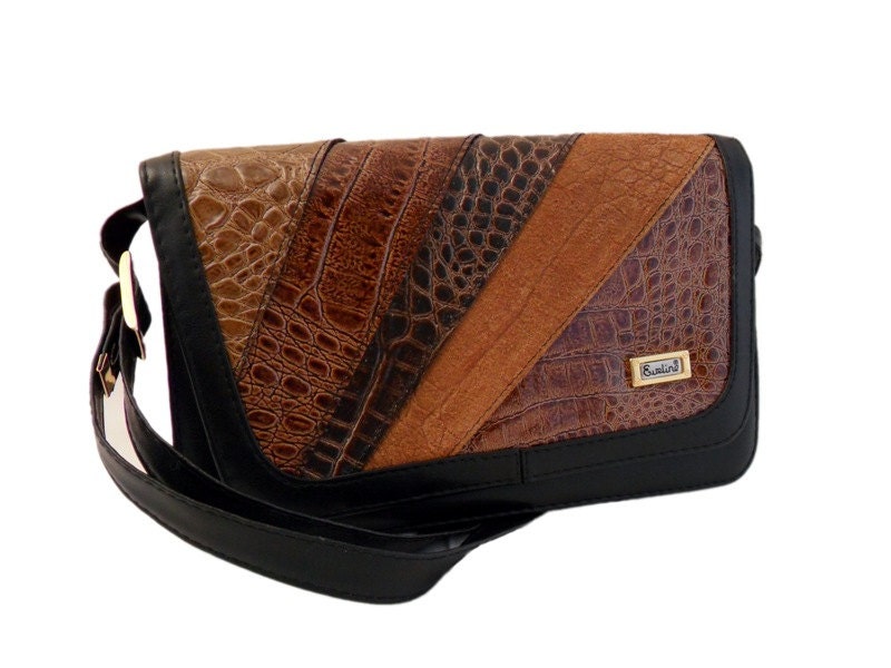 Vintage, Black  Leather Satchel, Messenger Bag, Crocodile Bag, Handbag, Purse