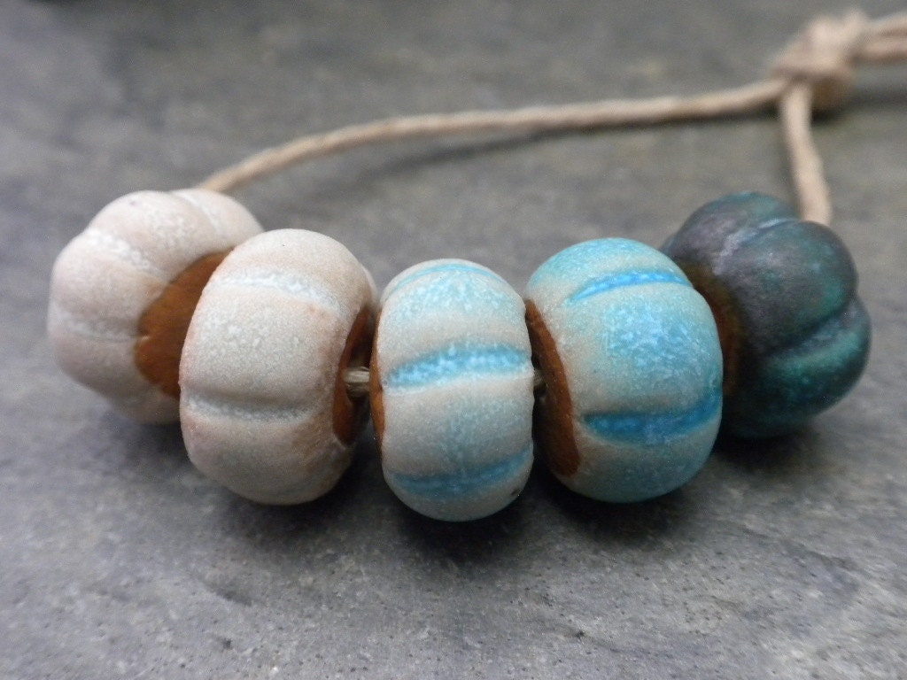 Ombre - handmade ceramic cobalt blue color shift rustic bead set 3149