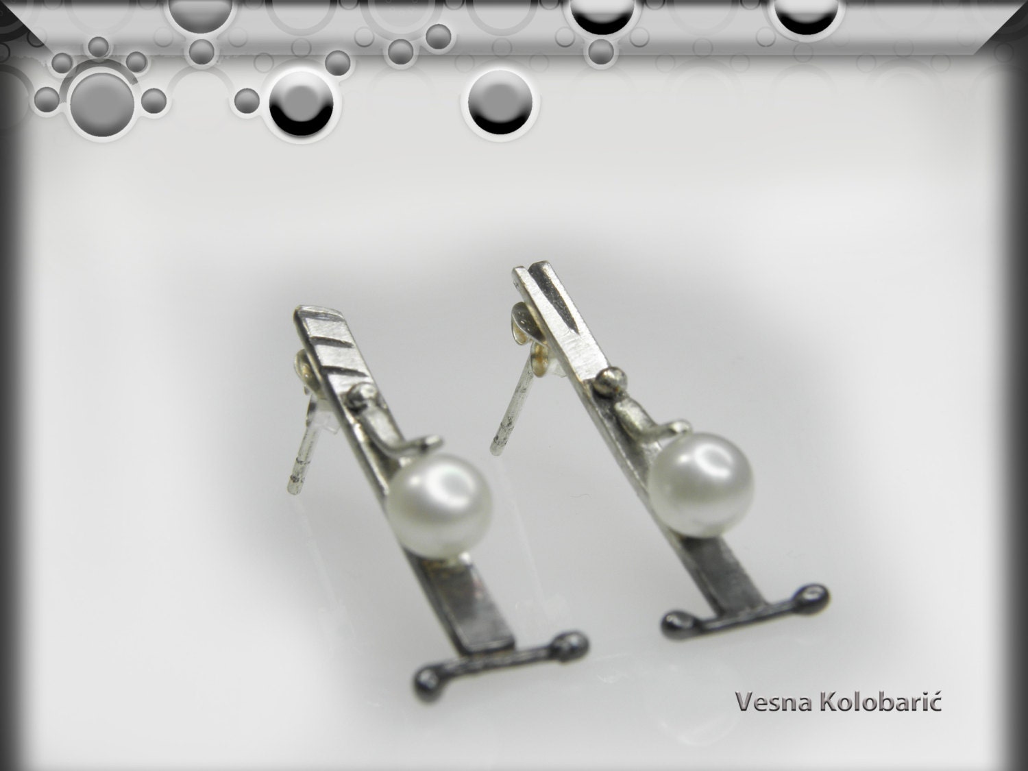 silver studs earrings pearl designer artistic OOAK gift