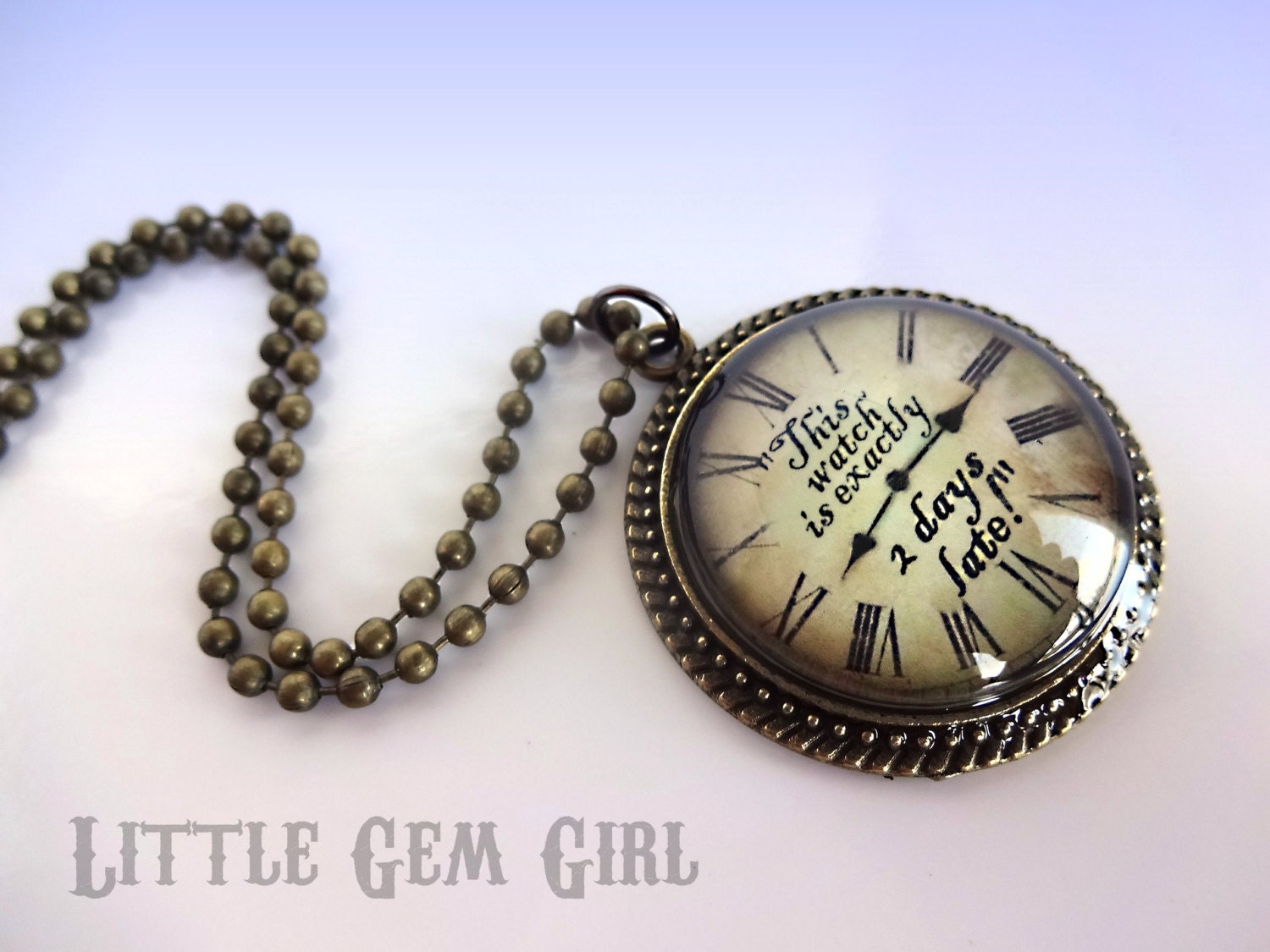 Alice in Wonderland Necklace White Rabbit Quote Clock Necklace - Vintage Style Antique Bronze Clock Pendant