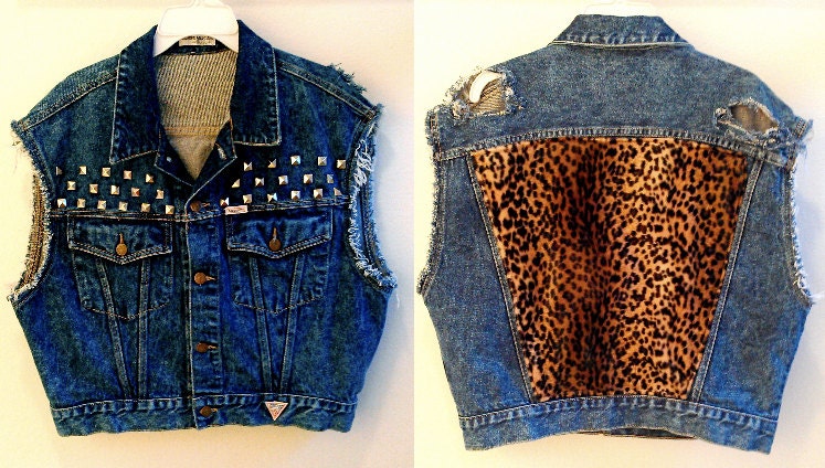 Large Guess brand Denim Cheetah Faux Fur Studded Vest