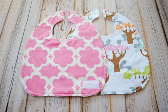 Baby Girl Bibs- Set of 2 Baby Girl Vintage Bibs- Fuchsia Blooms and Enchanted Forest- Baby Gift- Shower present
