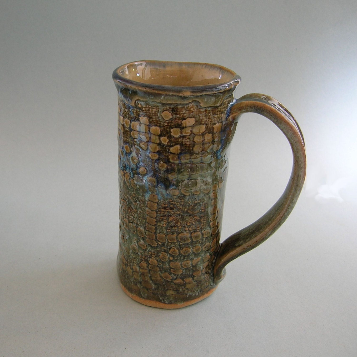 Handbuilt Stoneware Pottery Mug,  Lace Textured Olive Green, 7 ounces