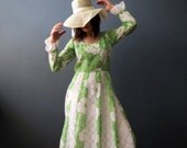 70s Spring Lime Green White Floral Print California Boho Prairie Cotton Lace Maxi Dress Small