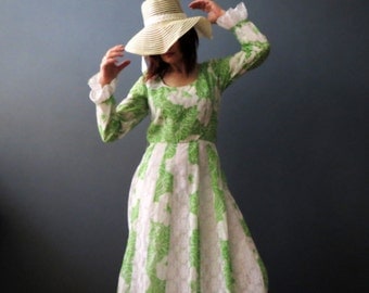 70s Spring Lime Green White Floral Print California Boho Prairie Cotton Lace Maxi Dress Small