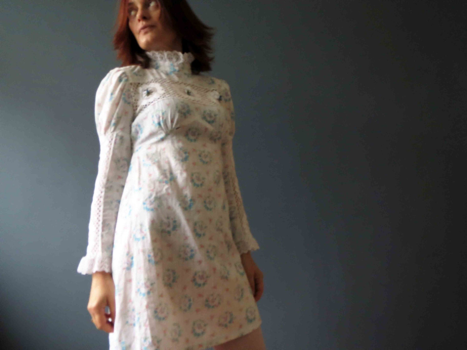 70s Young Victorian White Butterfly Cotton Print Dolly Doily Mini Dress, Empire Line Handmade Vintage