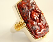Vintage Chinese Export Silver Carved Cinnabar Ring