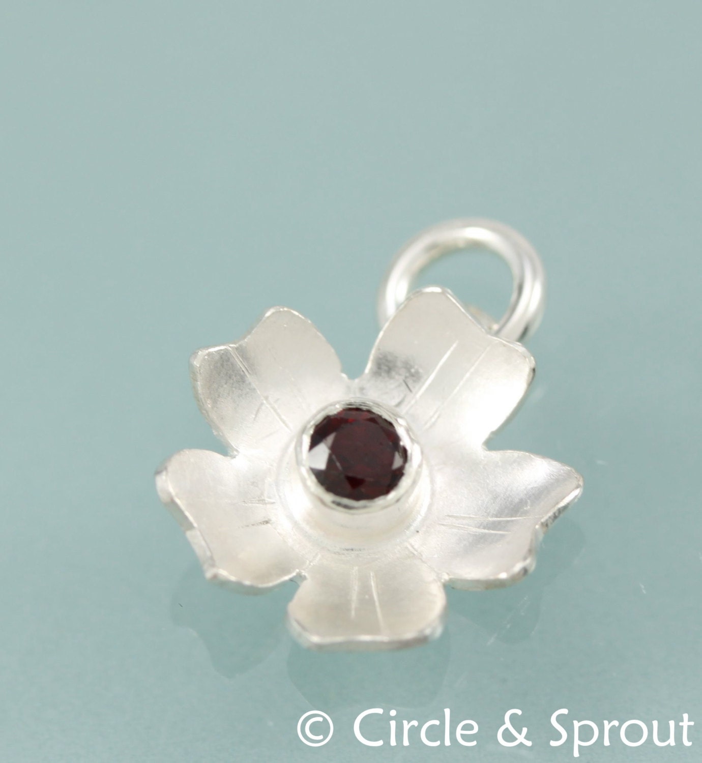 Tiny Apple Blossom Sterling Silver Charm with Garnet