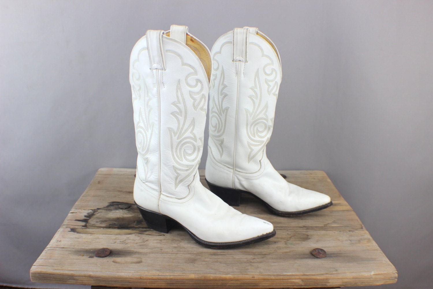 Vintage Justin Cowboy Boots White Leather Size 7 Women's European 37 1/2