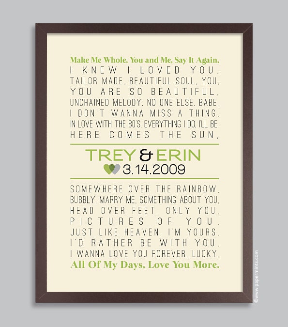 Custom Wedding Song 11x14 Personalized Wall Print (song lyric art, wedding vows) in orange & gray, custom colors