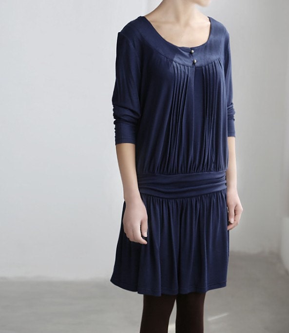 Cotton dress/ Long Loose Round collar long sleeved t shirt/ dark blue bottoming shirt