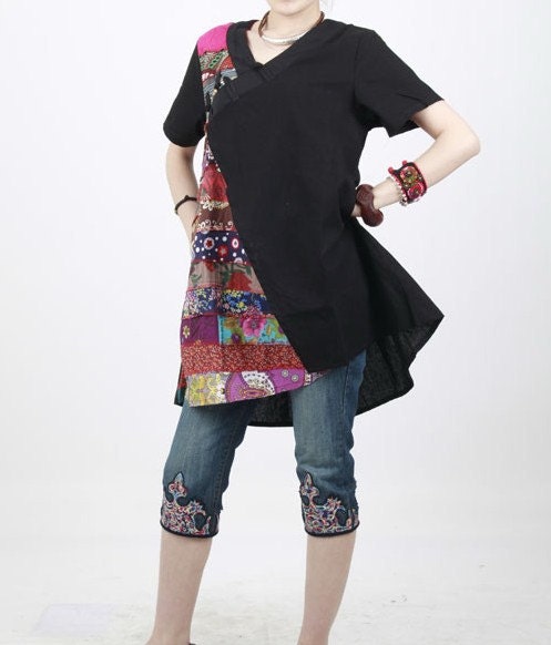 black linen patchwork shirt