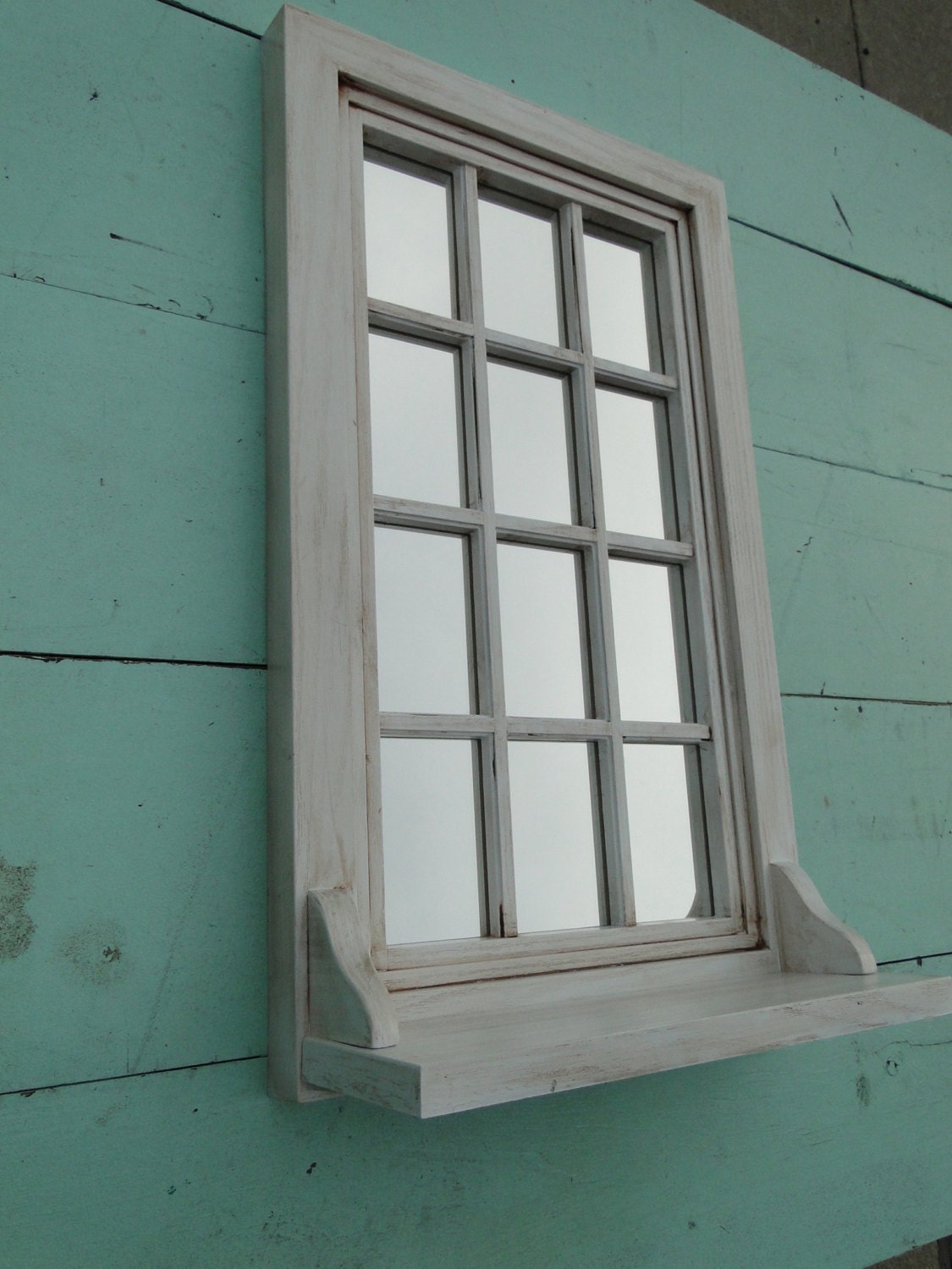 Vintage Window Sill Shelf Mirror in distressed white Paris Apartment French Country Shabby Chic "Looking Glass"