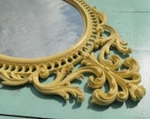 Ornate Framed Yellow Oval Mirror French City Country Paris Apartment Hollywood Regency "Caution"