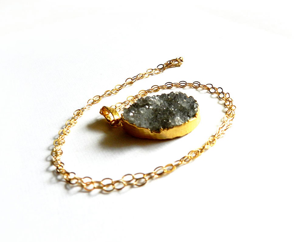 Druzy Pendant Necklace // Dark Charcoal Gray - Raw Crystal, Gold Filled Chain, 24K Electroplated Gold Edged, Mineral Rock Spring Jewelry