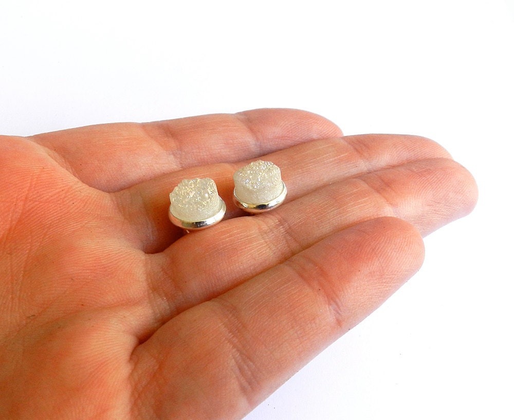 White Druzy Stud Earrings // Raw Crystal Stone, Mineral Rock, Natural Round Drusy, Silver, Small Studs, Spring Fashion