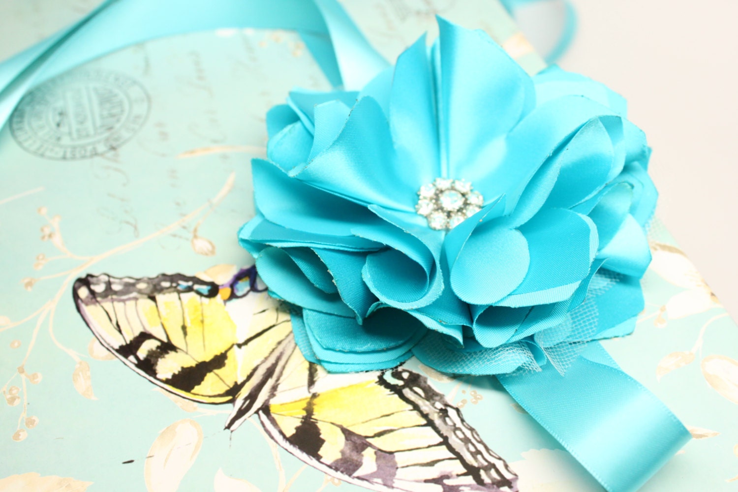Blue Turquoise Flower Sash for Flower girl dresses bridesmaid dresses with rhinestone brooch