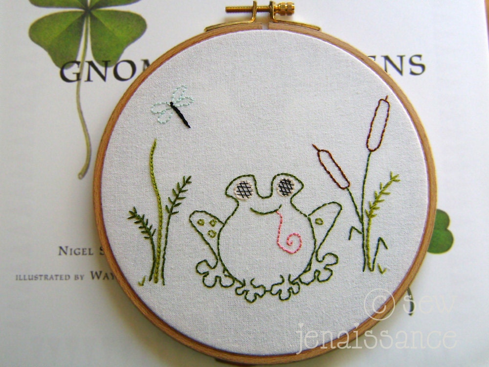 Embroidery Pattern PDF Frog Cattails Dragonfly