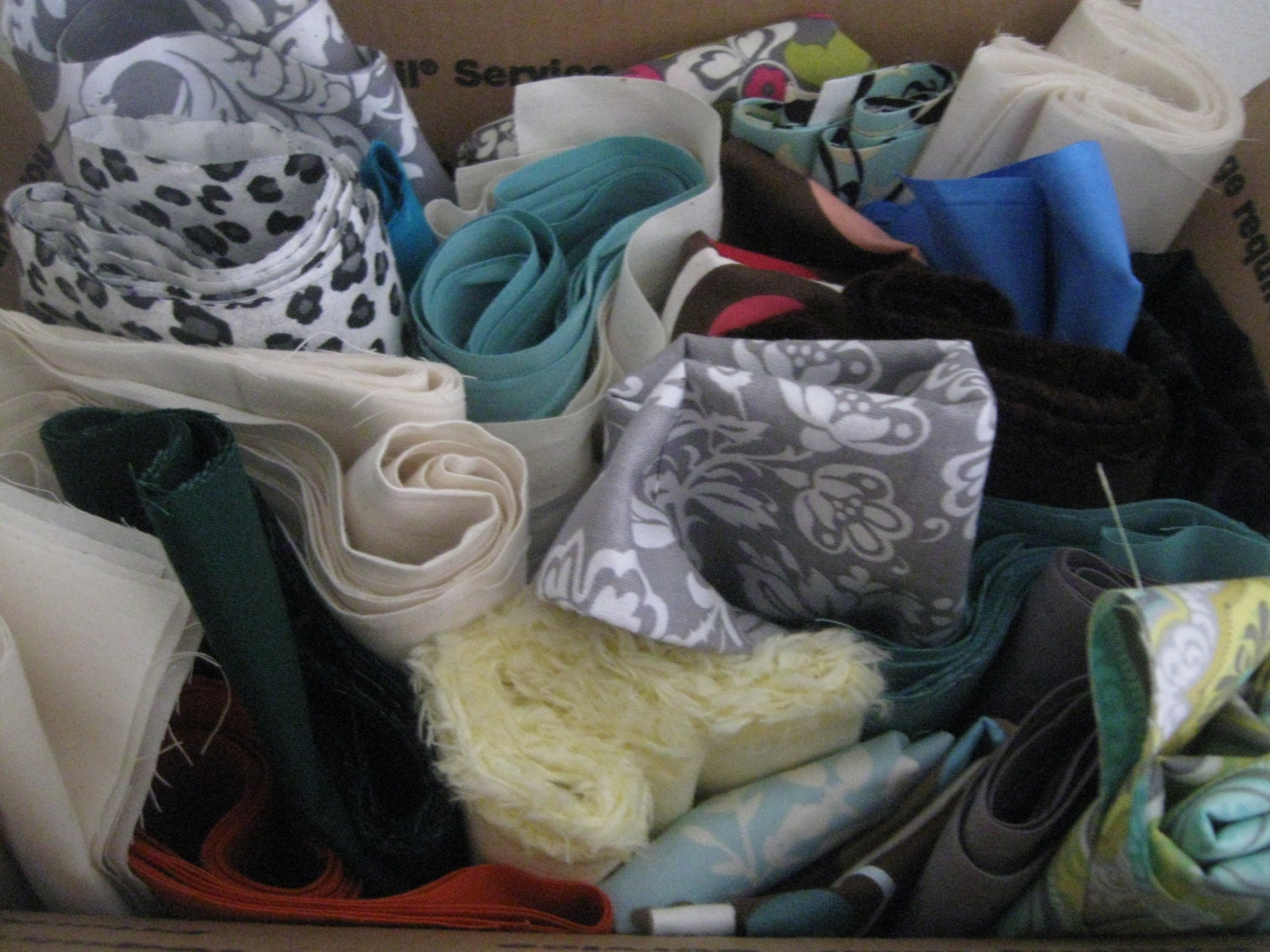 BOX FULL Fabric scraps pieces for quilting sewing doll clothes bows atr mixed media crafts