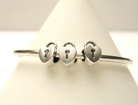 4 Heart lock Tibetan Silver, European Slide Charm Bracelet Beads - Euro